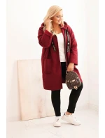 Dámský kabát Plus Size z umělého beránka s kapucí a kapsami bordový