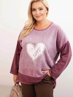Dámská mikina Plus Size bavlněná s potiskem srdce a šňůrkami tmavě růžová