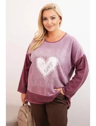 Dámská mikina Plus Size bavlněná s potiskem srdce a šňůrkami tmavě růžová