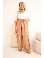 Dámské bavlněné kalhoty Plus Size s gumou v pase camelové