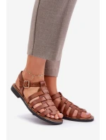 Kožené sandály na plochém podpatku Zazoo 3686 Camel