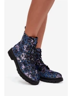 Dámské zateplené kotníkové boty v květinový vzor Artiker 57C1052 tmavě modré