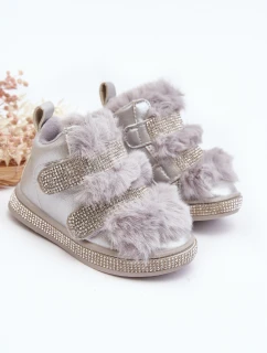 Kožené dětské zimní boty s kožíškem Stříbrné Leela