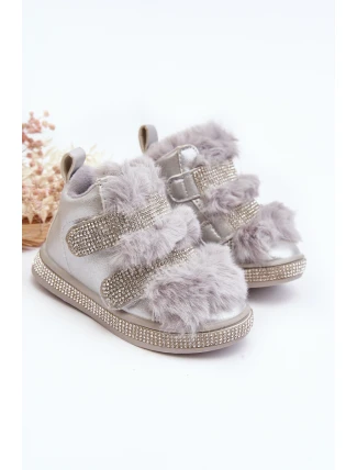 Kožené dětské zimní boty s kožíškem Stříbrné Leela