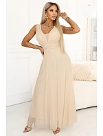 637-4 Dlouhé maxi šaty s brokátovými třpytkami a hlubokým výstřihem - šampaňsko-béžové