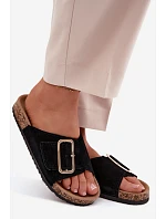 Kožené semišové dámské pantofle s přezkou černé Beryl