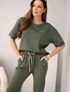 Dámská souprava viskózová máslová s krátkým rukávem a kalhotami s ohrnutým nohavicí khaki