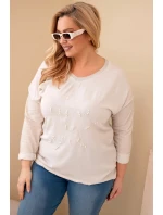 Dámská blůza Plus Size s potiskem a perlami béžová