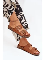 Dámské pantofle na korkové platformě s přezkami – camel