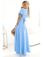 581-3 JENNIFER dlouhé šaty s rozparkem na nohou, rukávy a výstřihem - MODRÉ