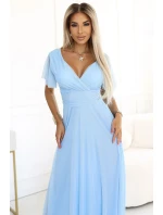 562-5 NASTIA Dlouhé šaty s výstřihem a krátkými rukávy - MODRÉ