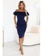 599-3 CARMEN Přiléhavé midi šaty ve španělském stylu - tmavě modré