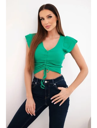 Dámská žebrovaná pruhovaná halenka na ramínkách s volánkem zelená