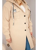 Dámský kabát Plus Size s kapucí zapínaný na knoflíky tmavě béžový