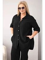 Dámský mušelínový komplet Plus Size s košilí zapínanou na knoflíky a kalhotami se širokými nohavicemi černý