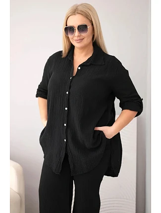Dámský mušelínový komplet Plus Size s košilí zapínanou na knoflíky a kalhotami se širokými nohavicemi černý