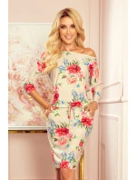 Dámské sportovní šaty s kapsičkami - béžový len a červené květy 13-121 Dámské sportovní šaty s kapsičkami - béžový len a červené květy 13-121