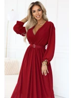 639-1 Elegantní plisované maxi šaty s páskem a obálkovým výstřihem - vínové 639-1 Elegantní plisované maxi šaty s páskem a obálkovým výstřihem - vínové