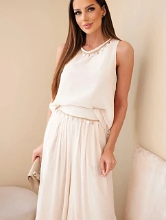 Dámský komplet s viskózou, top bez rukávů a kalhoty se širokou nohavicí a ozdobným zakončením béžový