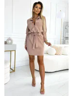 284-2 CAMILLE Košilové šaty s kapsami a vázáním - BEACH