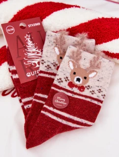 Dámské vánoční ponožky s motivem soba a proužky – červené (vlna alpaka)