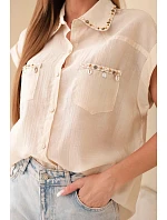Dámská košile z tencelu s ozdobným límečkem a kapsami tmavě béžová Dámská košile z tencelu s ozdobným límečkem a kapsami tmavě béžová