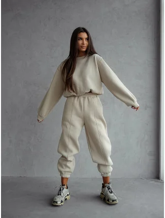 Béžový dámský bavlněný teplákový komplet s krátkou mikinou (82160) Béžový dámský bavlněný teplákový komplet s krátkou mikinou (82160)
