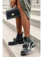 Kožené Lakované Botky S Dekorací Nazouvací Zateplené Černé Solimav