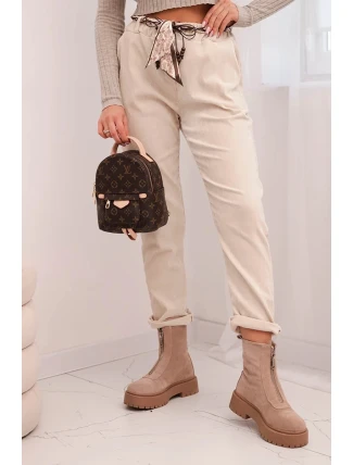 Dámské kalhoty z viskózy s šátkovým páskem béžové