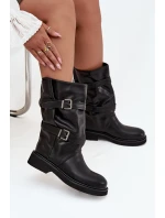 Vlnité dámské kozačky do poloviny lýtek s pásky a sponami Černé Halvessa