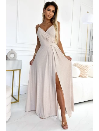 299-15 CHIARA elegantní maxi dlouhé šaty bez ramínek - béžové s brokátem