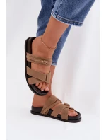 Dámské pantofle s pásky a zlatým přezkou tmavě béžové Selorina