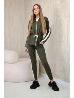 Dámská bavlněná souprava s proužky a stahovacími lemy khaki