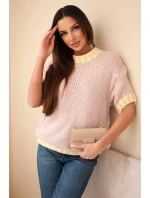 Dámský svetr s krátkým rukávem a kontrastním lemem tmavě pudrově růžový