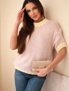 Dámský svetr s krátkým rukávem a kontrastním lemem tmavě pudrově růžový