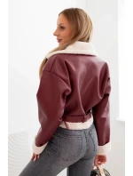 Dámská pilotka z ekokůže s kožichem a páskem bordová