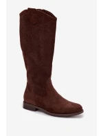 Dámské kozačky s krajkovým vzorem na nízkém podpatku S.Barski HY61-8022 Čokoládové