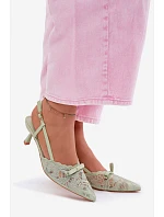 Krajkové dámské sandály na podpatku s mašlí zelené Maribelle