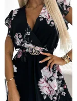 468-2 PATRIZIA šaty s obálkovým výstřihem, páskem a krátkými rukávy - ČERNÁ S RŮŽEMI 468-2 PATRIZIA šaty s obálkovým výstřihem, páskem a krátkými rukávy - ČERNÁ S RŮŽEMI