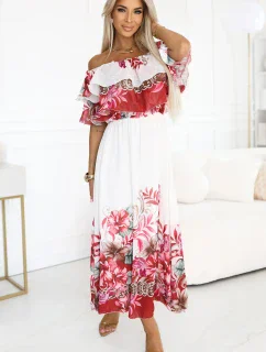 606-1 Dlouhé letní šaty - květinový červený ombre vzor