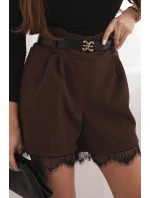 Dámské viskózové šortky s krajkou a páskem hnědé