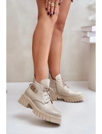 Zazoo 60483 Dámské Kožené Kotníkové Boty S Nízkým Zatepleným Svrškem Béžové