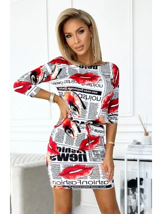 Bílé dámské sportovní šaty se vzorem červených úst a s kapsičkami 13-150 Bílé dámské sportovní šaty se vzorem červených úst a s kapsičkami 13-150