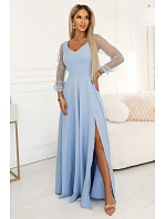 640-5 LORETTA jedinečné dlouhé šaty s tylovými rukávy a výstřihem - modré