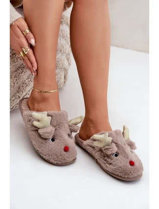 Vánoční Pantofle S Motivem Sobíka Kožešinové Tmavě Béžové Asielle