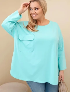 Dámská blůza Plus Size s bavlnou, kapsou a ohrnutým rukávem mátová