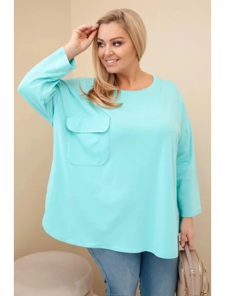 Dámská blůza Plus Size s bavlnou, kapsou a ohrnutým rukávem mátová