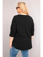 Dámská bavlněná blůza Plus Size s hlubokým výstřihem do V a asymetrickým spodním lemem černá