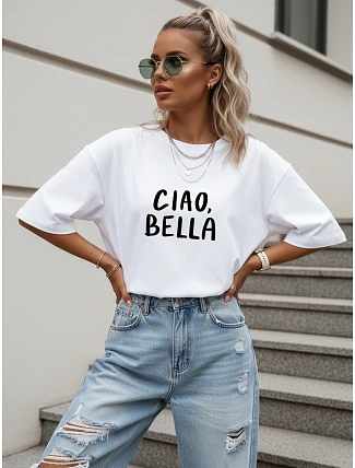 Dámské tričko oversize s potiskem „Ciao Bella“, bílé, FashionStreet NX9002RY Dámské tričko oversize s potiskem „Ciao Bella“, bílé, FashionStreet NX9002RY