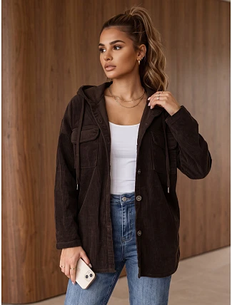 Dámská oversizeová kordová bunda s kapucí v čokoládové barvě FashionStreet TY6050 Dámská oversizeová kordová bunda s kapucí v čokoládové barvě FashionStreet TY6050